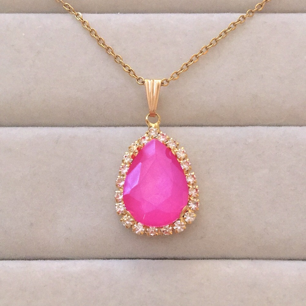 Hot Pink + Gold Crystal Halo Pear Drop Pendant Necklace - Picture 4 of 12